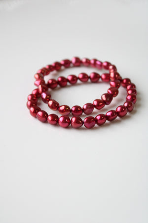 Magenta Red Genuine Baroque Pearl Stretch Bracelet Pair