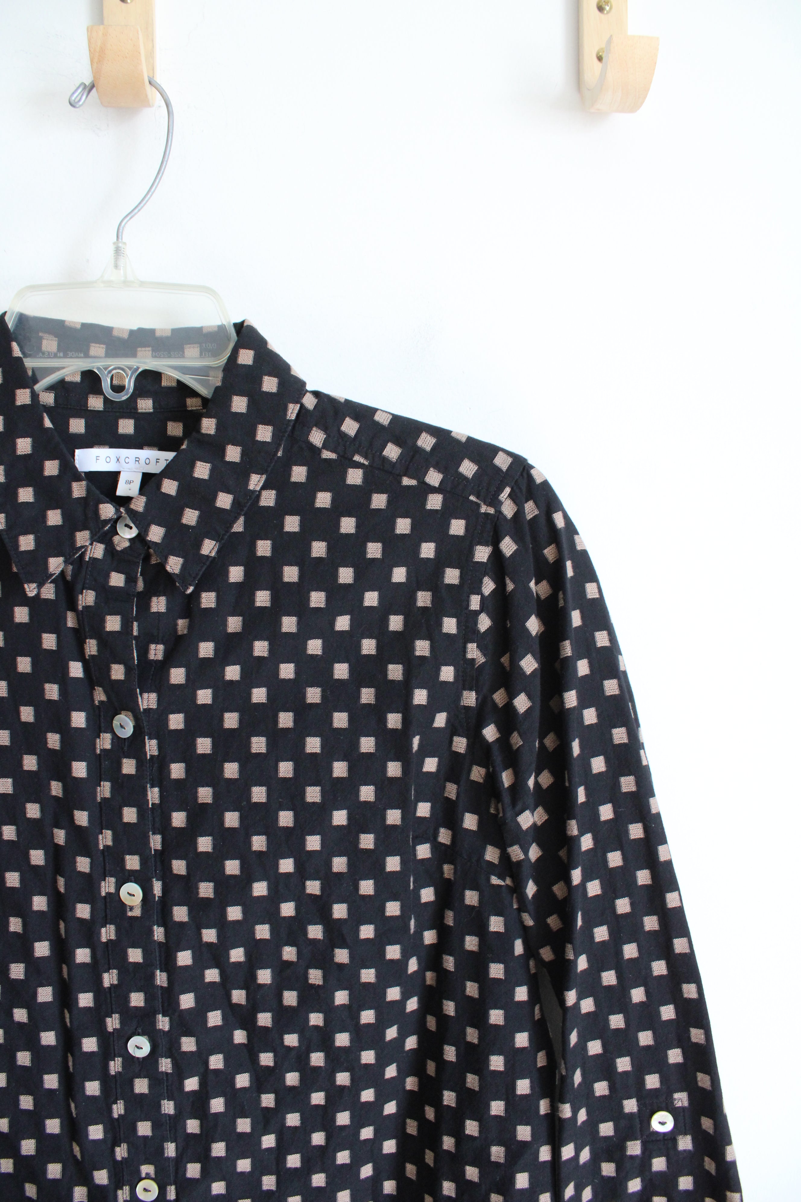Foxcroft Black & Tan Square Patterned Button Down Top | 8P