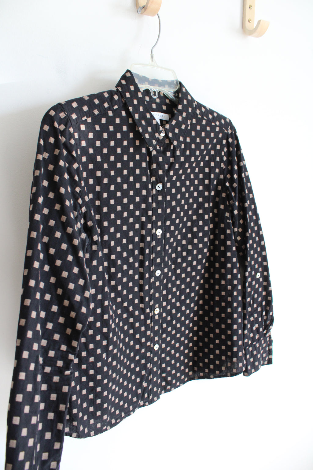 Foxcroft Black & Tan Square Patterned Button Down Top | 8P