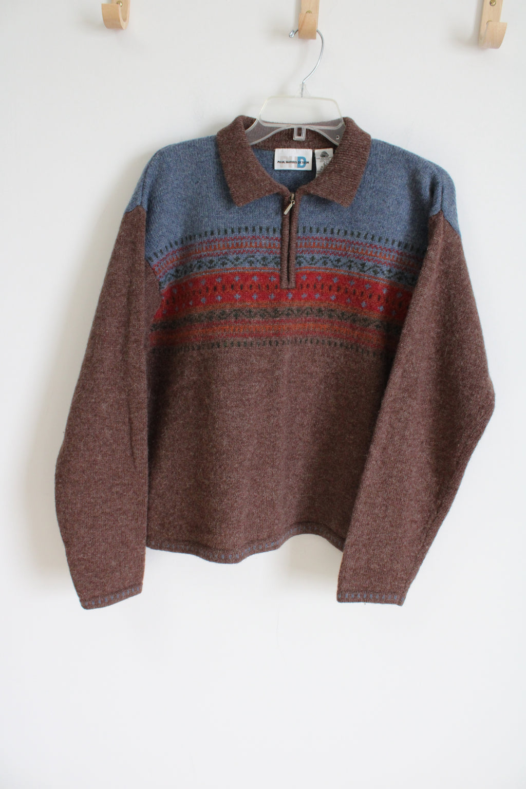 Vintage Paul Harris Design Brown Blue Wool Knit Quarter Zip Sweater | L