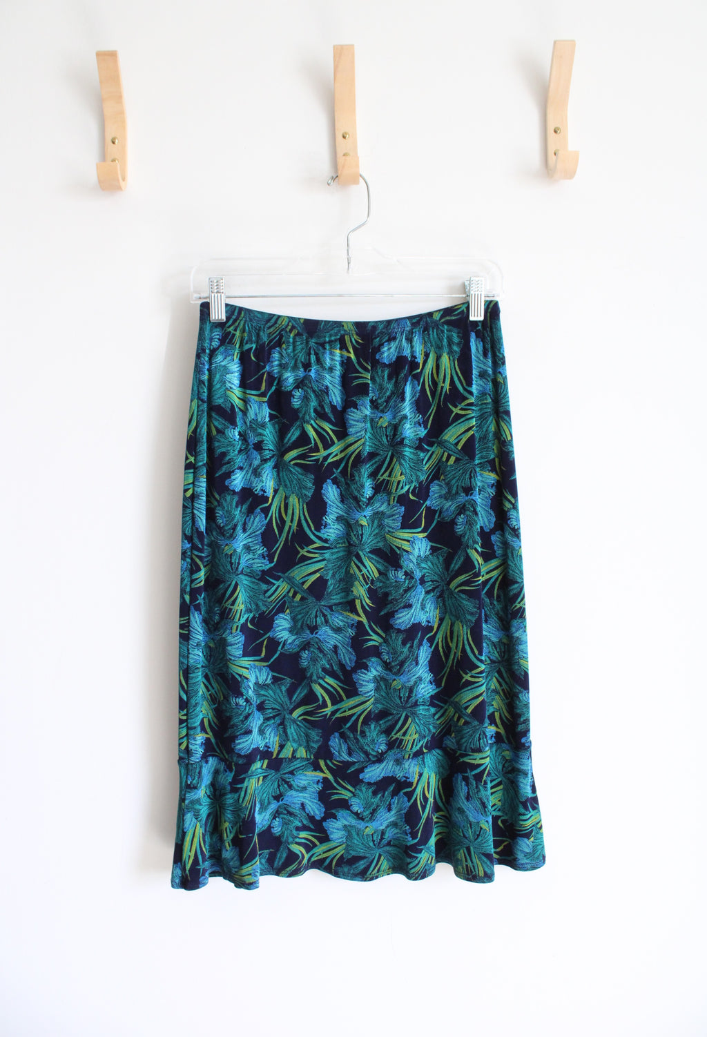 Blue Green Tropical Patterned Knit Skirt | M