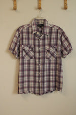 Protokol Purple and White Plaid Button Down Collared Shirt with Front Pockets | L