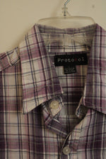 Protokol Purple and White Plaid Button Down Collared Shirt with Front Pockets | L