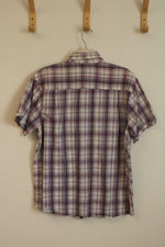 Protokol Purple and White Plaid Button Down Collared Shirt with Front Pockets | L
