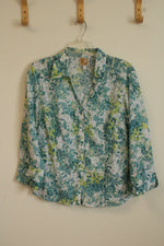 JM Collection Green Teal and White Sheer Printed Button Down Blouse With Sequins | 14