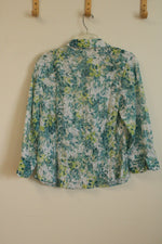 JM Collection Green Teal and White Sheer Printed Button Down Blouse With Sequins | 14