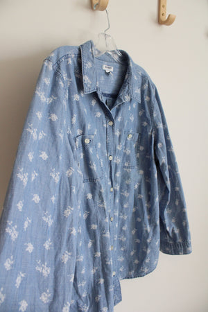 Old Navy Blue Chambray Floral Button Down Top | XL
