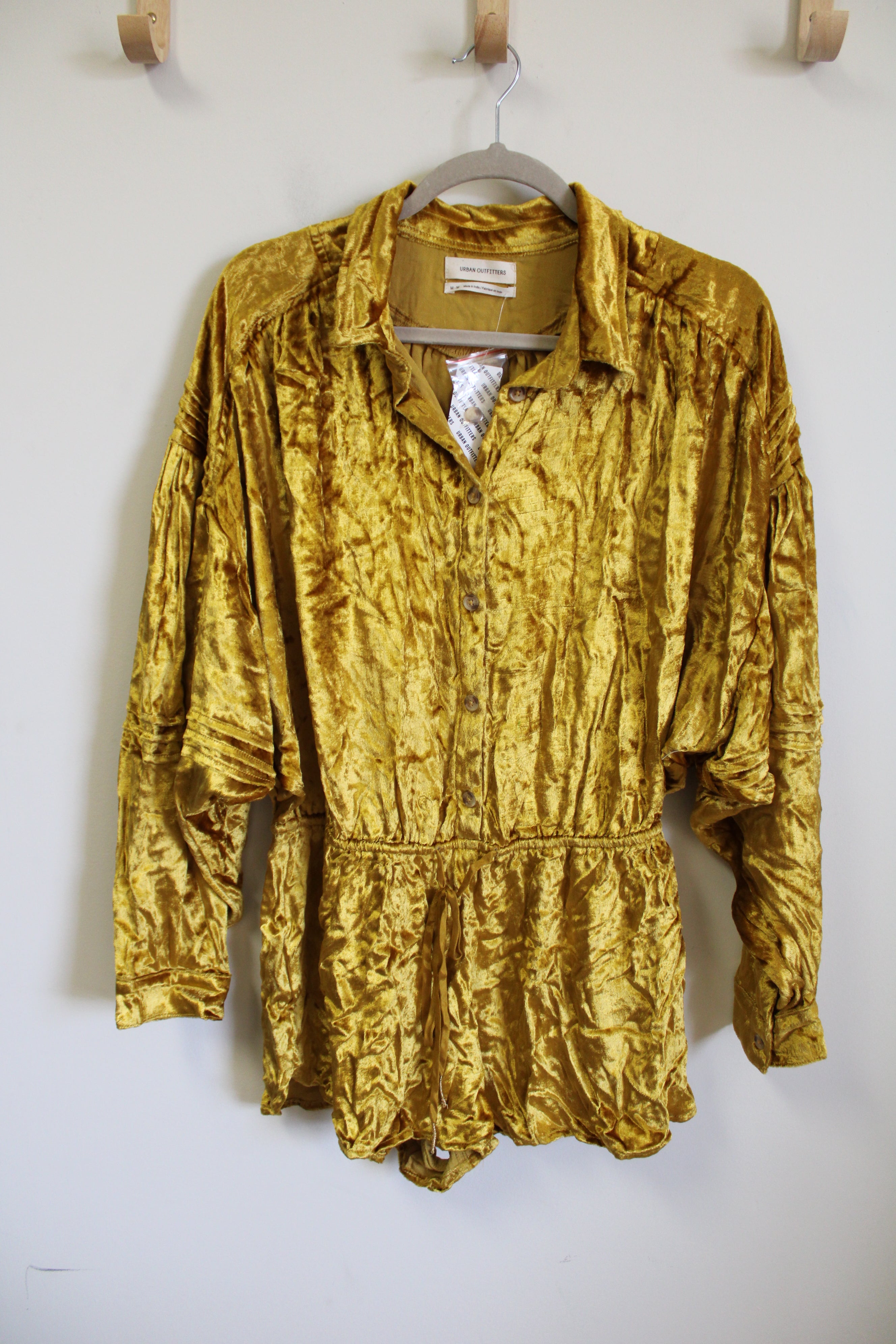 NEW Urban Outfitters Mustard Yellow Crushed Velvet Button Up Romper | M