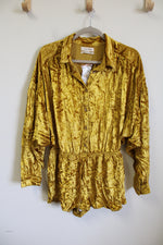 NEW Urban Outfitters Mustard Yellow Crushed Velvet Button Up Romper | M
