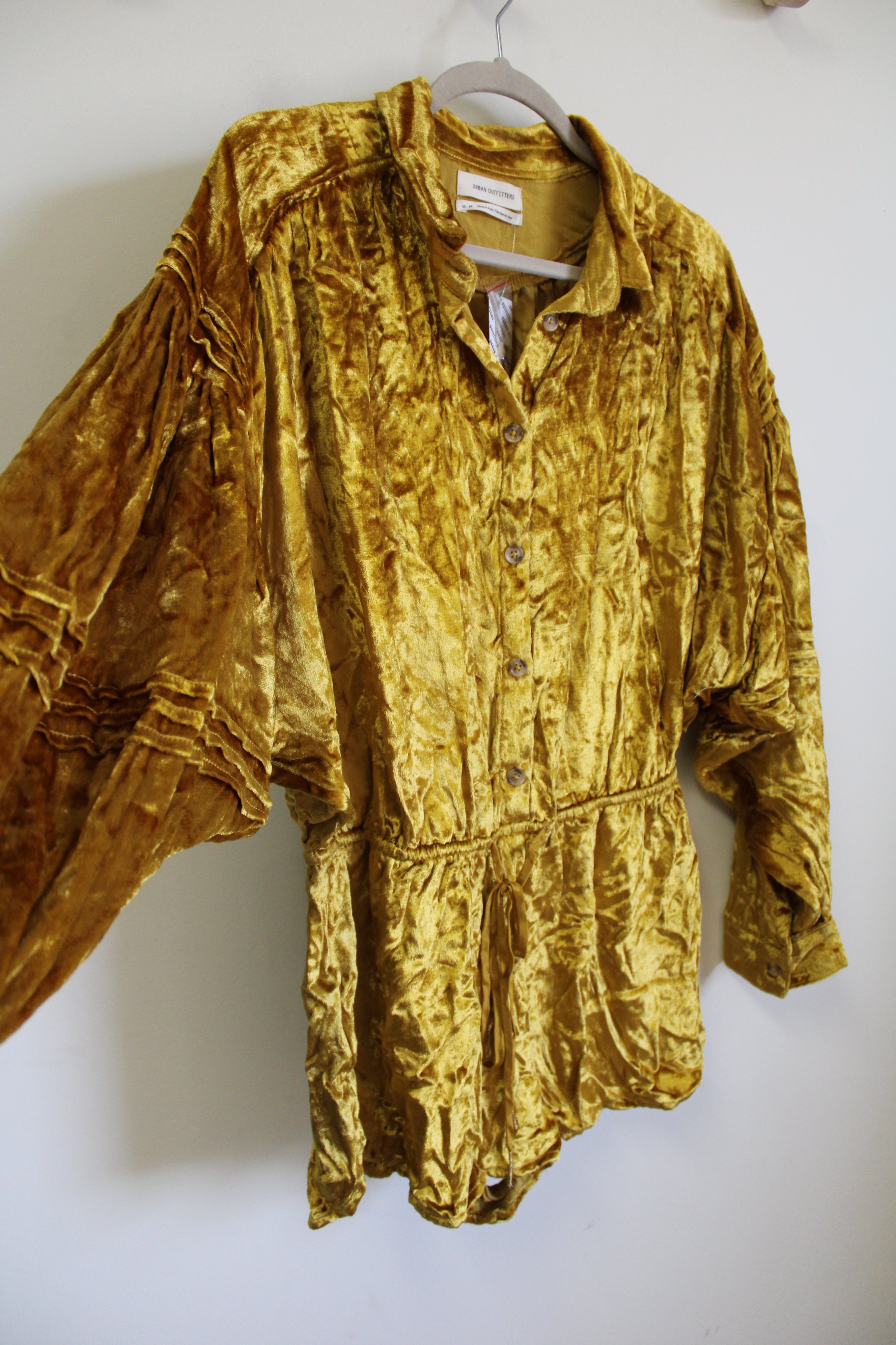 NEW Urban Outfitters Mustard Yellow Crushed Velvet Button Up Romper | M