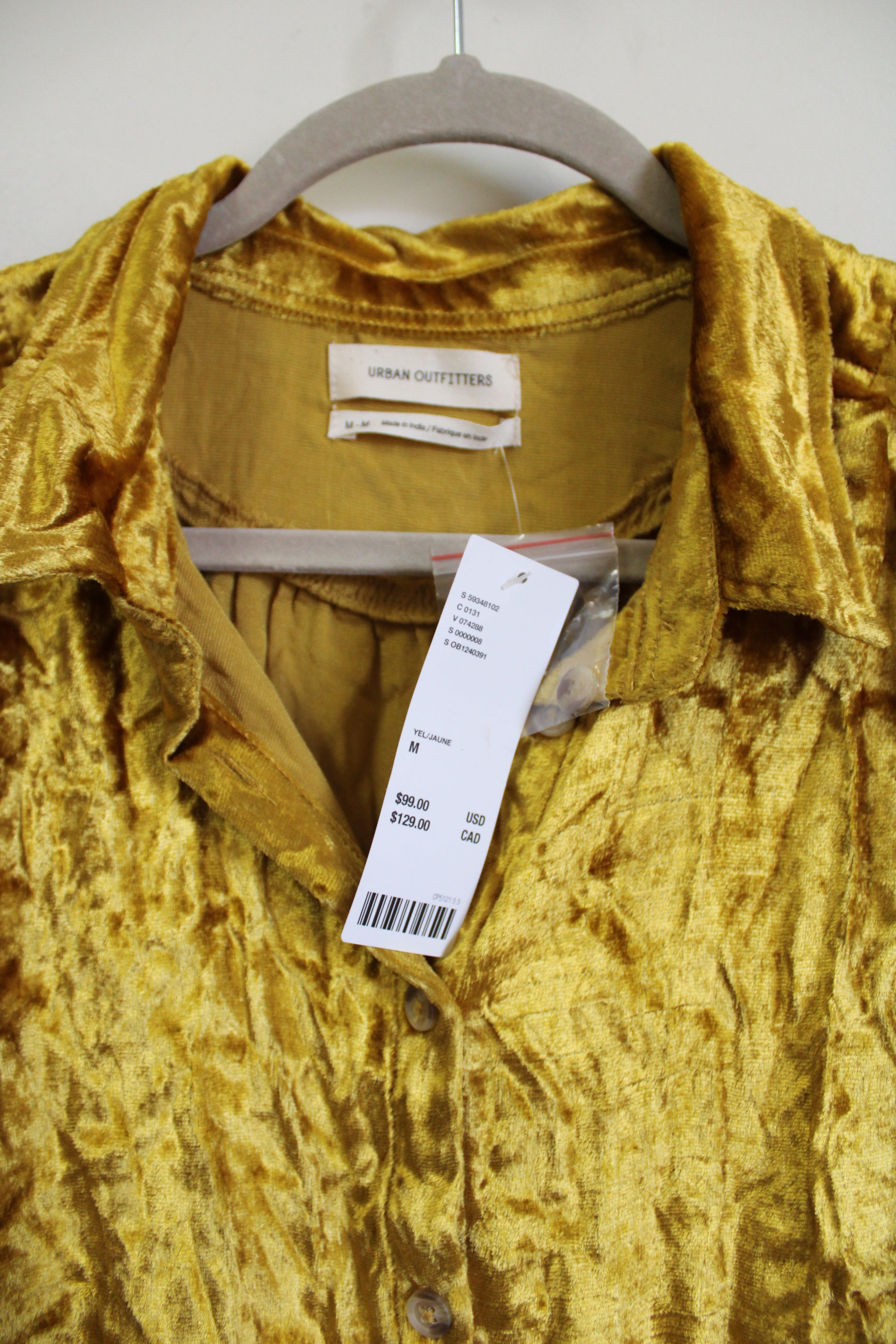 NEW Urban Outfitters Mustard Yellow Crushed Velvet Button Up Romper | M
