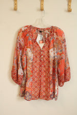 NEW Olive Hill Orange Paisley Print Peasant Blouse with Built in Cami | L