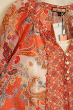 NEW Olive Hill Orange Paisley Print Peasant Blouse with Built in Cami | L