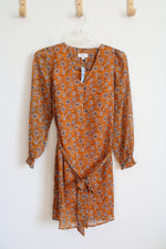 NEW LOFT Orange Cream & Blue Floral Long Sleeved Dress | XXS Petite