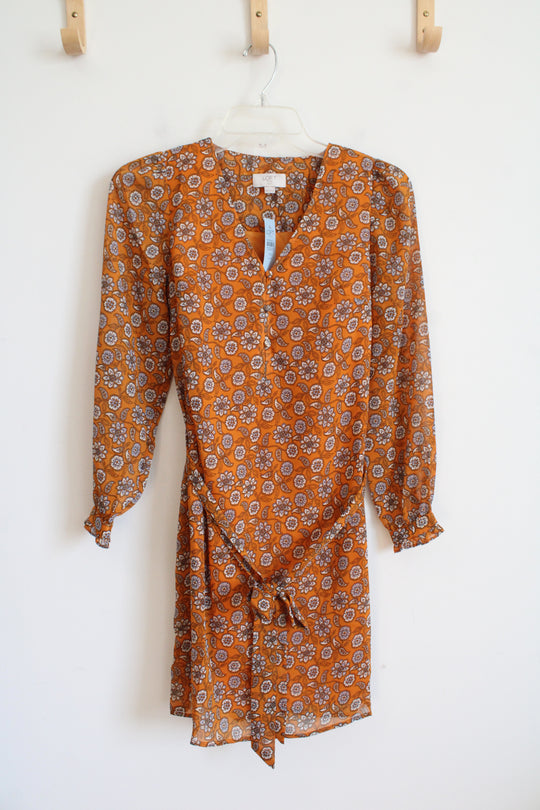 NEW LOFT Orange Cream & Blue Floral Long Sleeved Dress | XXS Petite