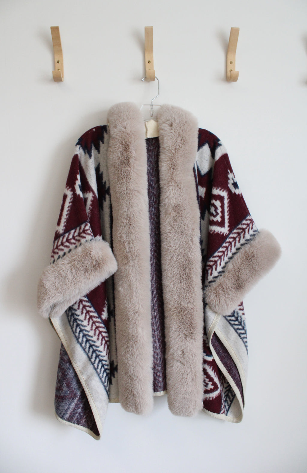 Red & Blue Aztec Patterned Faux Fur Hooded Poncho Cardigan | One Size