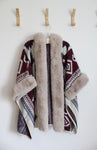 Red & Blue Aztec Patterned Faux Fur Hooded Poncho Cardigan | One Size