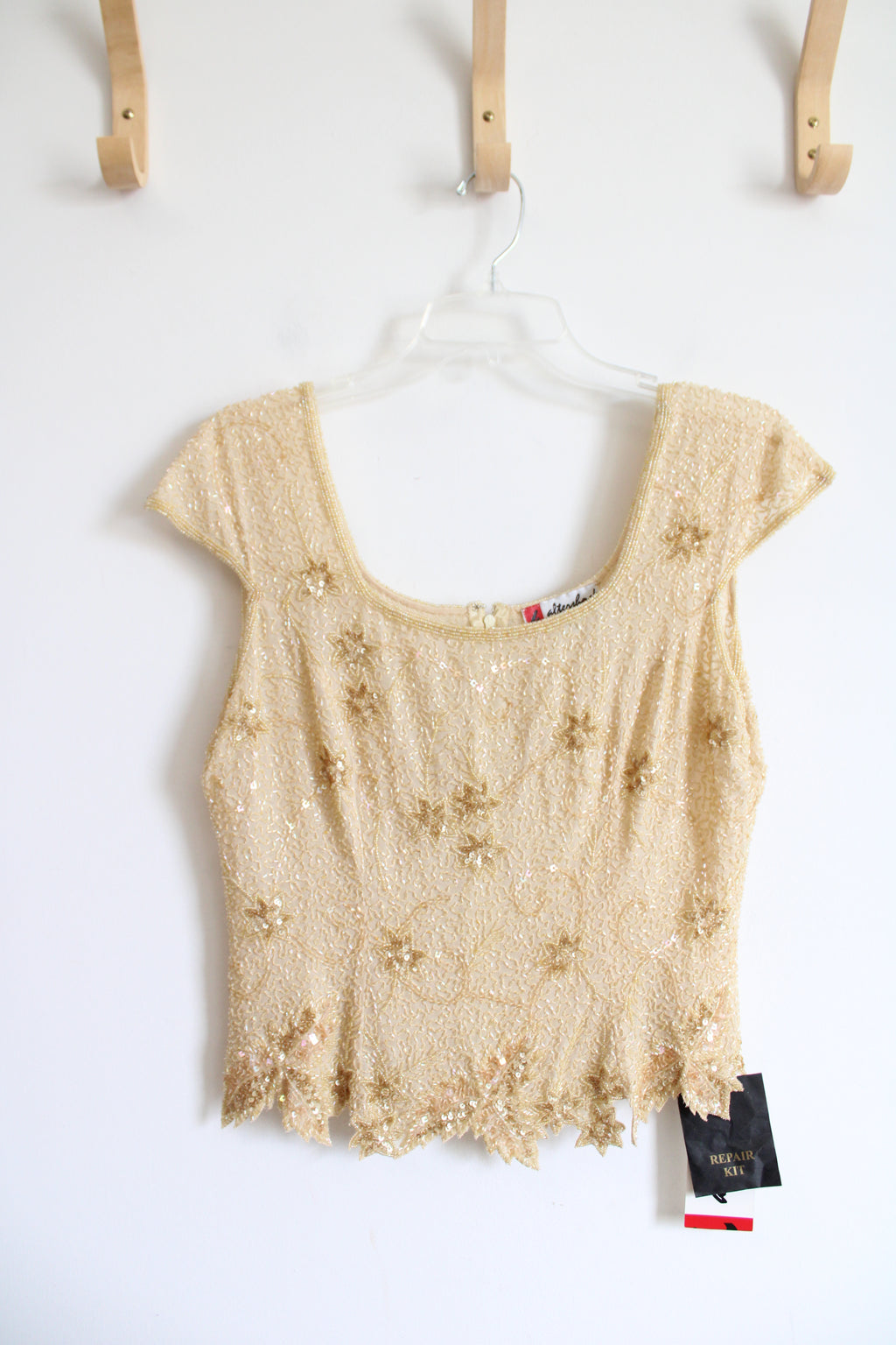 NEW Vintage Aftershock Gold Beaded Cap Sleeved Silk Top | M