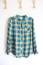 Christopher & Banks Blue & Green Plaid Button Down Top | M