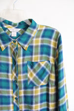 Christopher & Banks Blue & Green Plaid Button Down Top | M