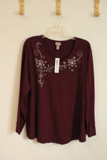 NEW Chico's Maroon with Silver Snowflakes Embellished LS Top | XXL