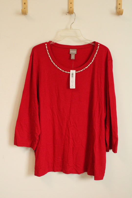 NEW Chicos Red 3/4 Sleeve Top with Rhinestone and Pearl Neckline | 20