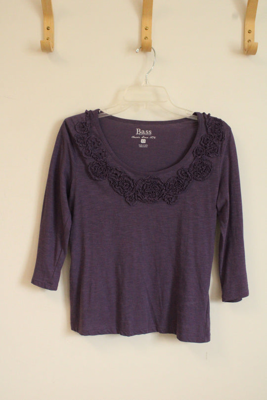 Bass Purple 3/4 Sleeve Cotton Textured Floral Collar Top | XS