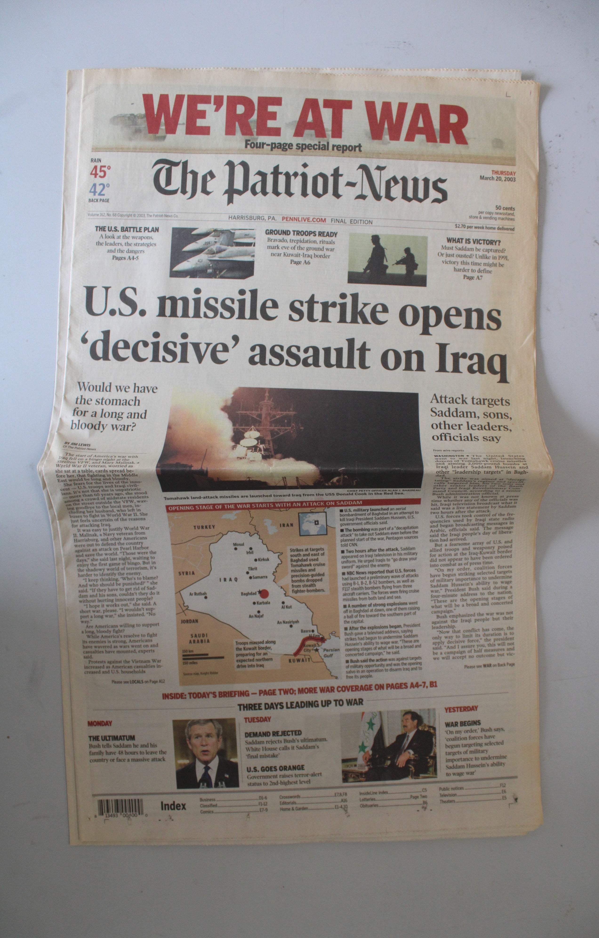 The Patriot News March 20, 2003 We're At War Four-Page Special Report Newspaper