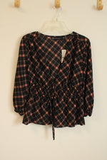 NEW New York and Company Black and Brown Plaid Puff Sleeve and Open Tie Front Blouse | XS