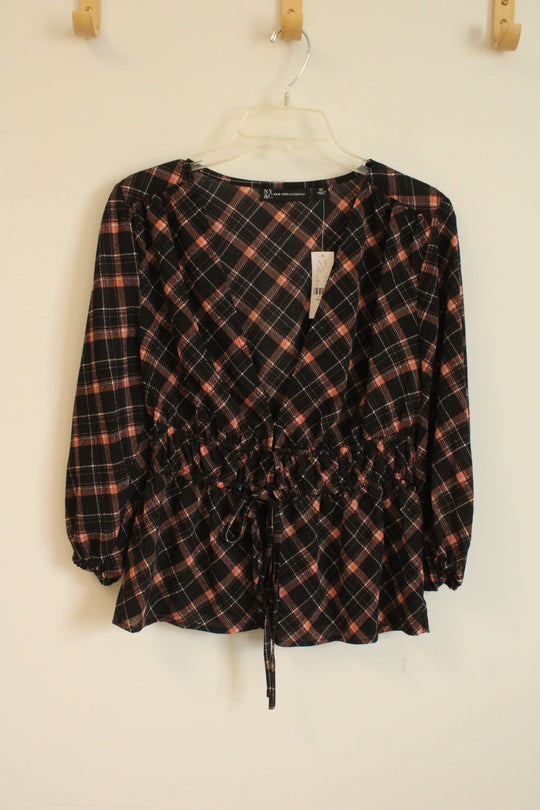 NEW New York and Company Black and Brown Plaid Puff Sleeve and Open Tie Front Blouse | XS