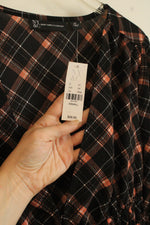 NEW New York and Company Black and Brown Plaid Puff Sleeve and Open Tie Front Blouse | XS