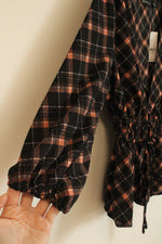 NEW New York and Company Black and Brown Plaid Puff Sleeve and Open Tie Front Blouse | XS