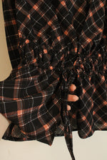 NEW New York and Company Black and Brown Plaid Puff Sleeve and Open Tie Front Blouse | XS