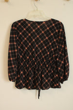 NEW New York and Company Black and Brown Plaid Puff Sleeve and Open Tie Front Blouse | XS