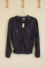 NEW Maurice's Navy Lightweight Zip-up Jacket with Waist Rouching and Hood | S