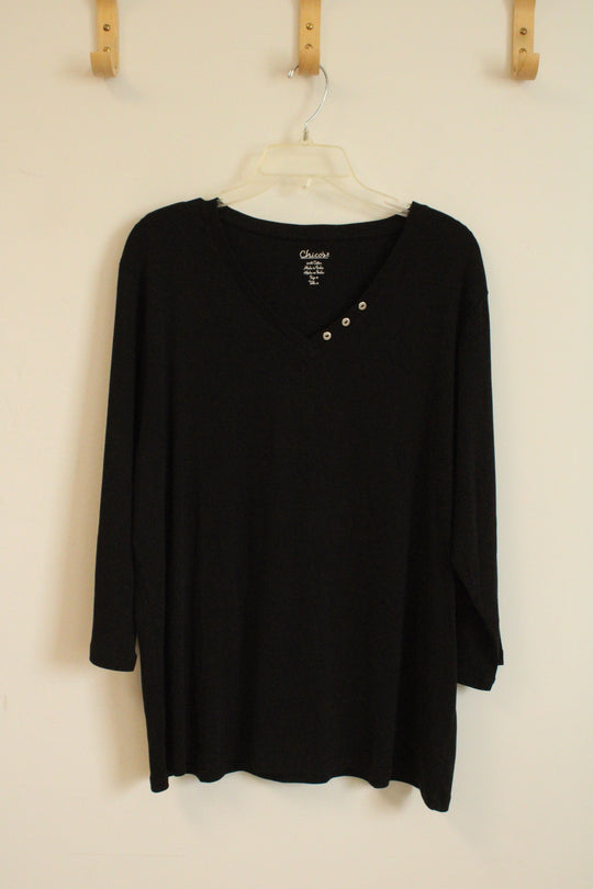 Chicos Black 3/4 Sleeve Cotton Shirt with Silver Collar Buttons | 20
