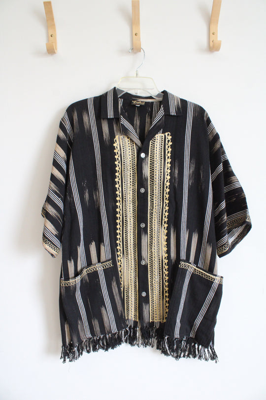 Tropical Collections Black & Gold Embroidered Fringe Button Down Shirt | L