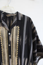 Tropical Collections Black & Gold Embroidered Fringe Button Down Shirt | L