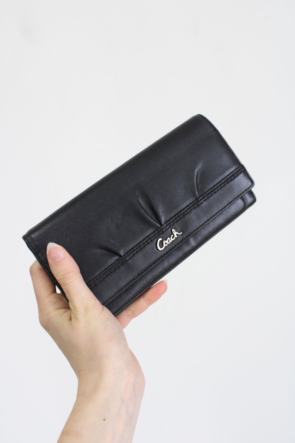 Coach Tri-Fold Pleated Black Leather Wallet