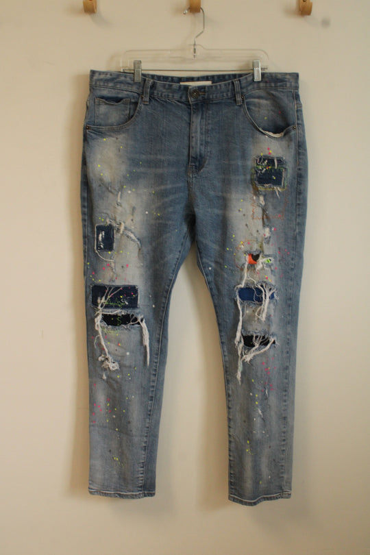 Kloud9 Distressed Paint Splatter and Colored Stitching Jeans | 42 x 32