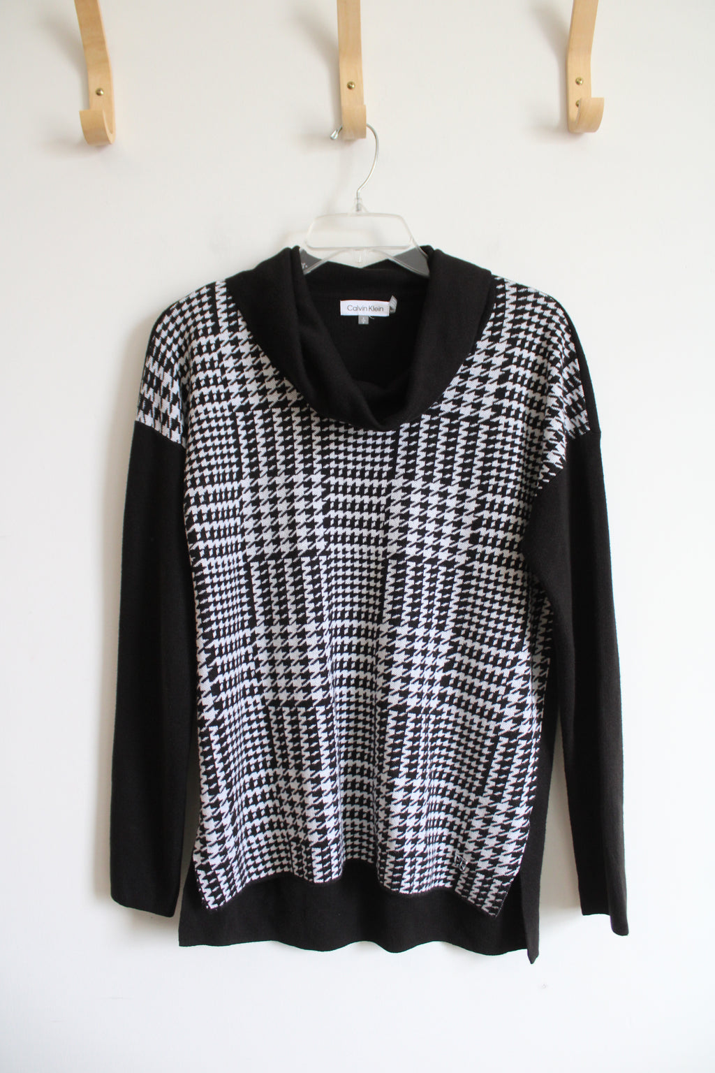 Calvin Klein Black & White Houndstooth Cowl Neck Sweater | S