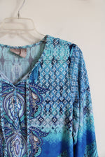Chico's Blue Patterned Long Sleeved Top | 2 (L)