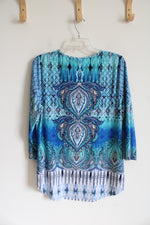 Chico's Blue Patterned Long Sleeved Top | 2 (L)