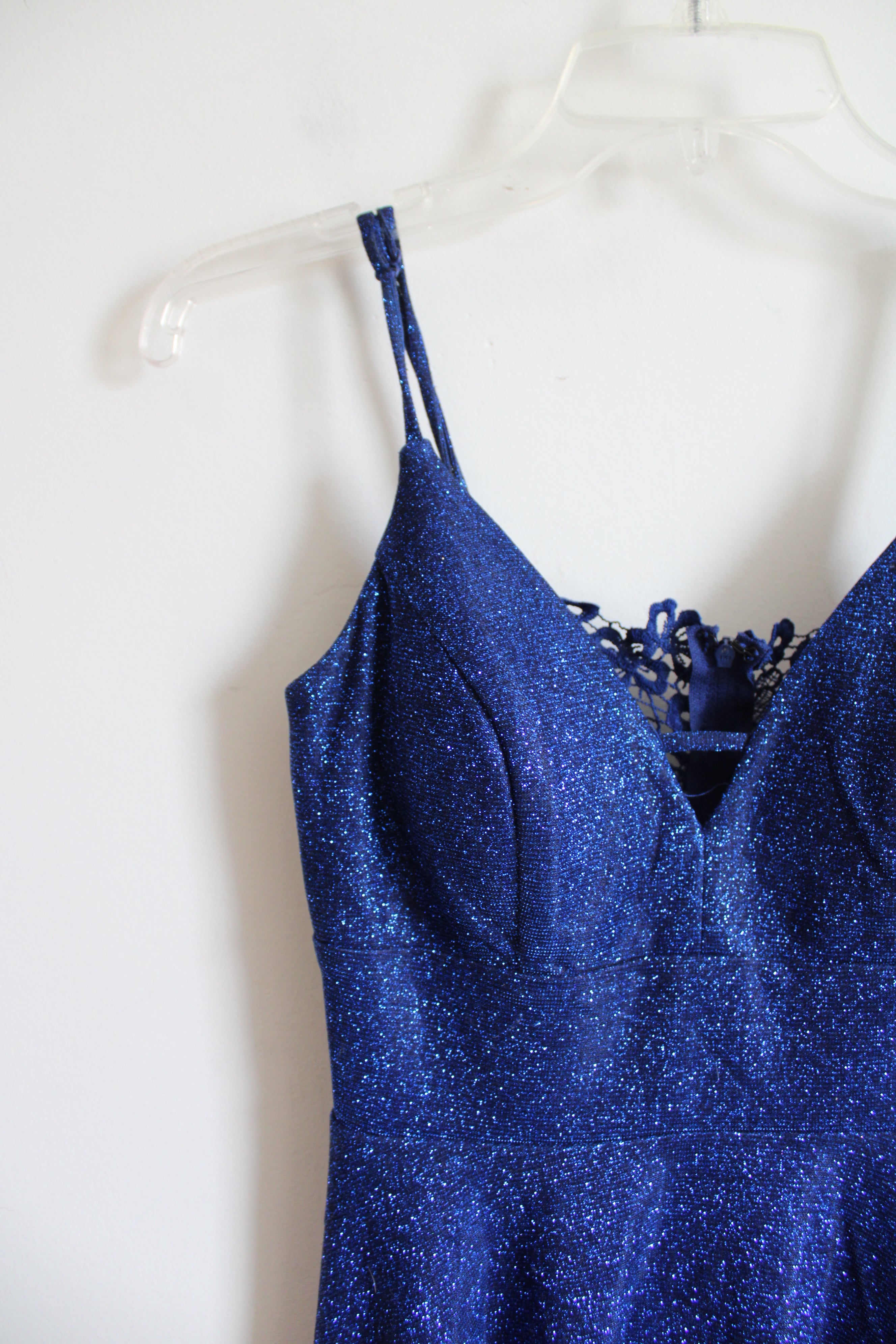 city triangles blue dress Glitter Lace Back Fit & Flare Guest dress