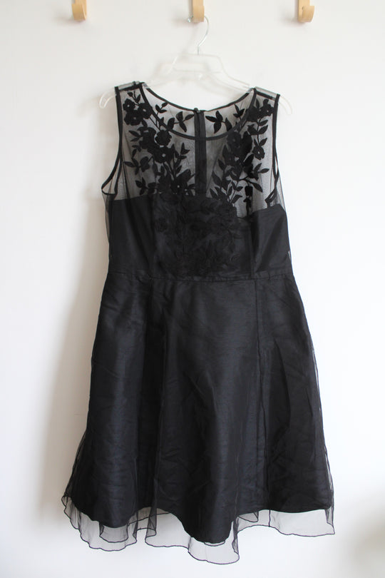 eShakti Floral Embroidery Illusion Tulle & Dupioni Black Dress | 2XL