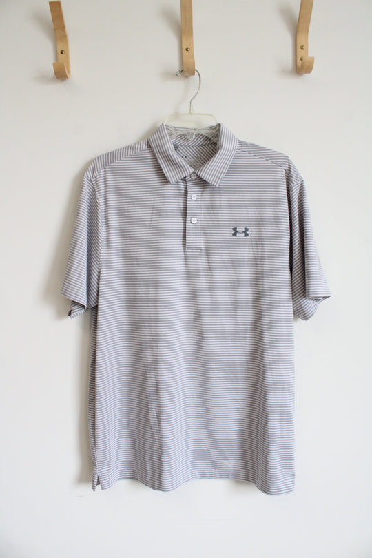 Under Armour Loose Fit Gray & White Striped Polo Shirt | L