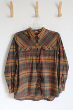 L.L. Bean Green & Orange Plaid Button Down Top | XL