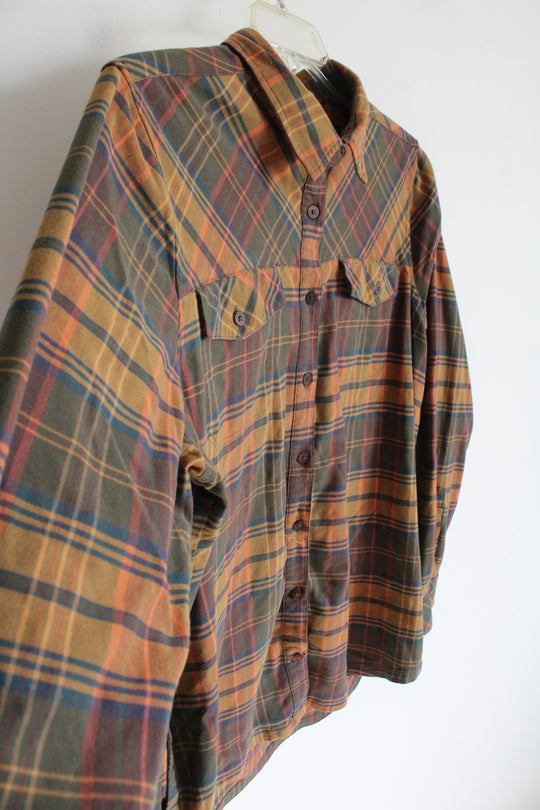 L.L. Bean Green & Orange Plaid Button Down Top | XL