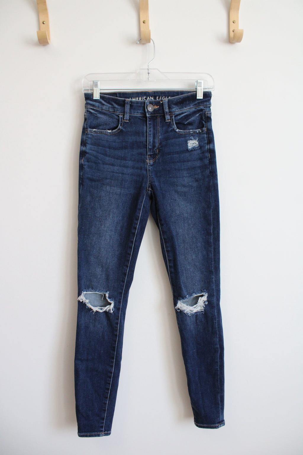 American Eagle Hi-Rise Jeggings Dark Wash Distressed Jeans | 2