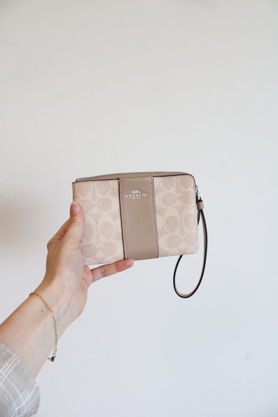 Coach Tan Monogram Corner Zip Wristlet